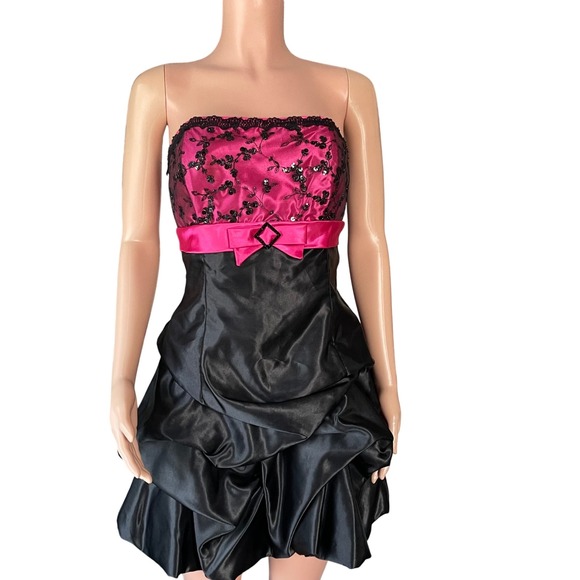 VTG Jessica McClintock Gunne Sax Strapless Pink Black Beaded Bubble Dress Sz 11 - Picture 1 of 16